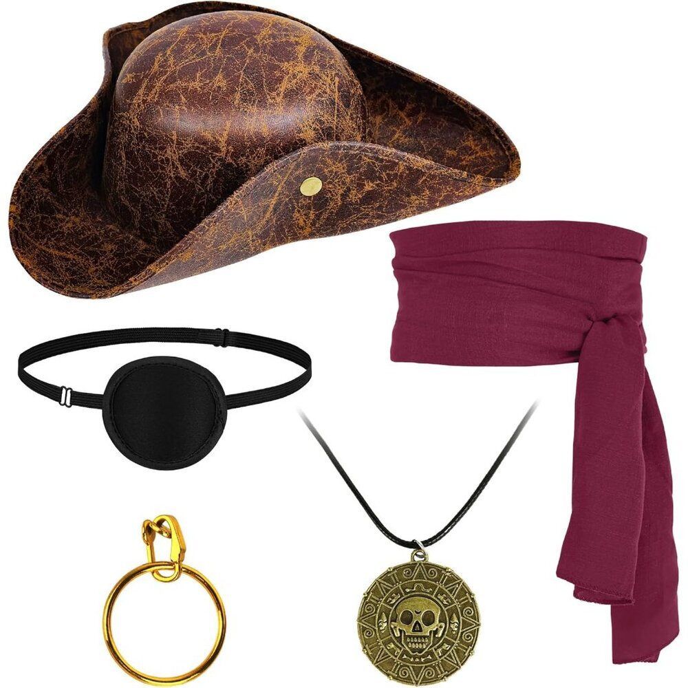Pirate Hat Costume Accessories Set Faux Leather Sash Eye Patch Necklace Earring